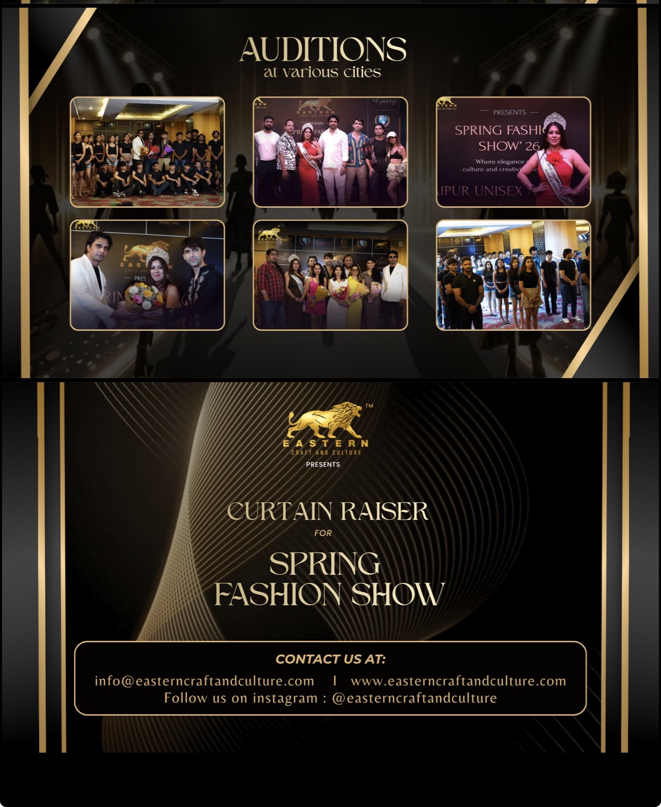 A black and gold collage of model casting moments